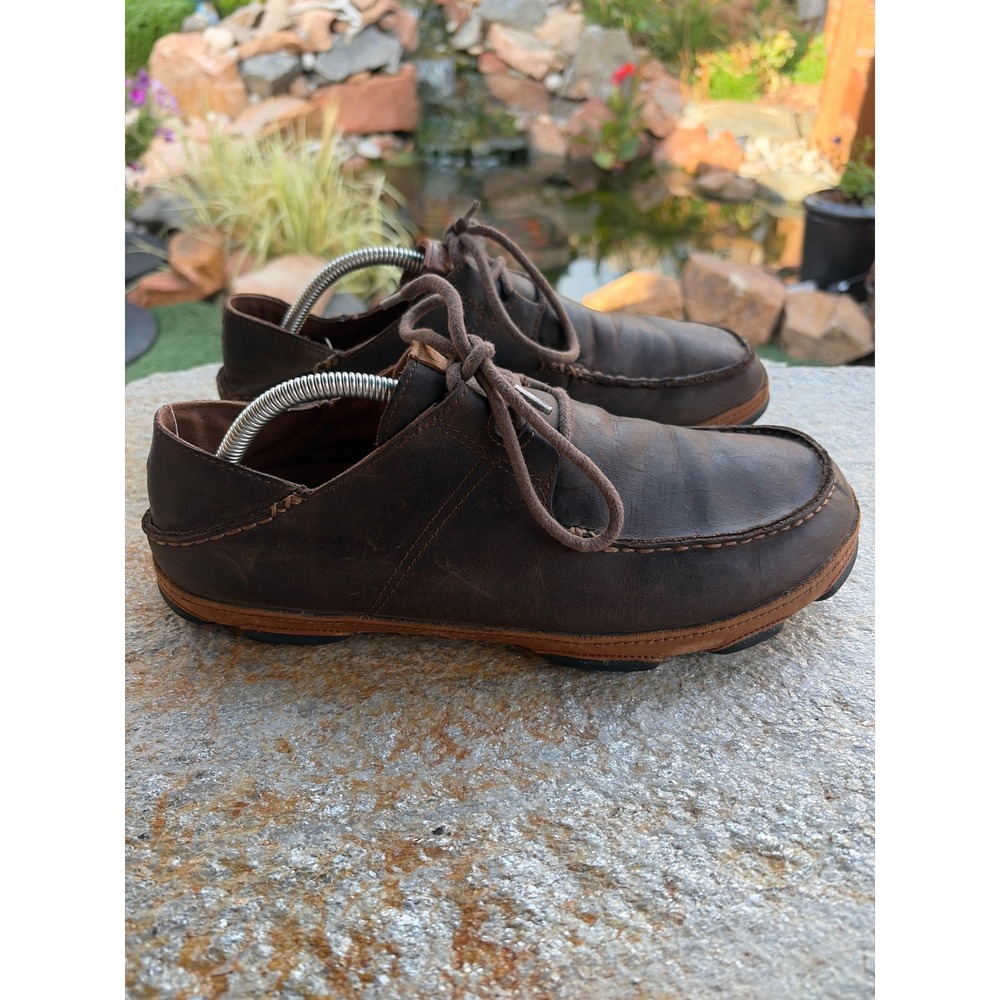 Olukai Ohana Lace Up Nubuck Dark Brown Leather Moc Toe Shoes 10171-6313 Mens 10